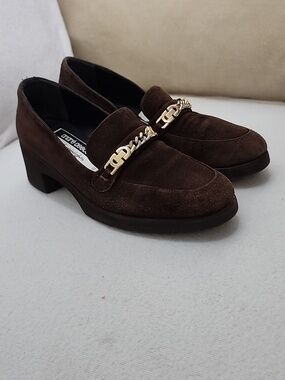 Andre Assous Chocolate Suede Loafers with Gold Chain